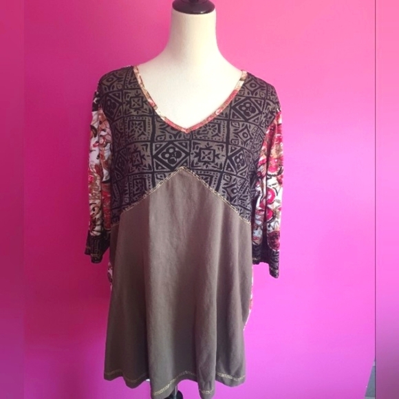 Ulla Popken Ladies Multicolor Bohemian Cotton V-neck Blouse - Picture 1 of 5